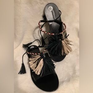 Antik Batik Black and Cream Tassel Leather Sandals